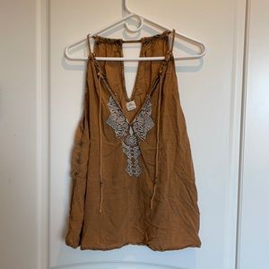 O’Neil tan and cream sleeveless t with front strings